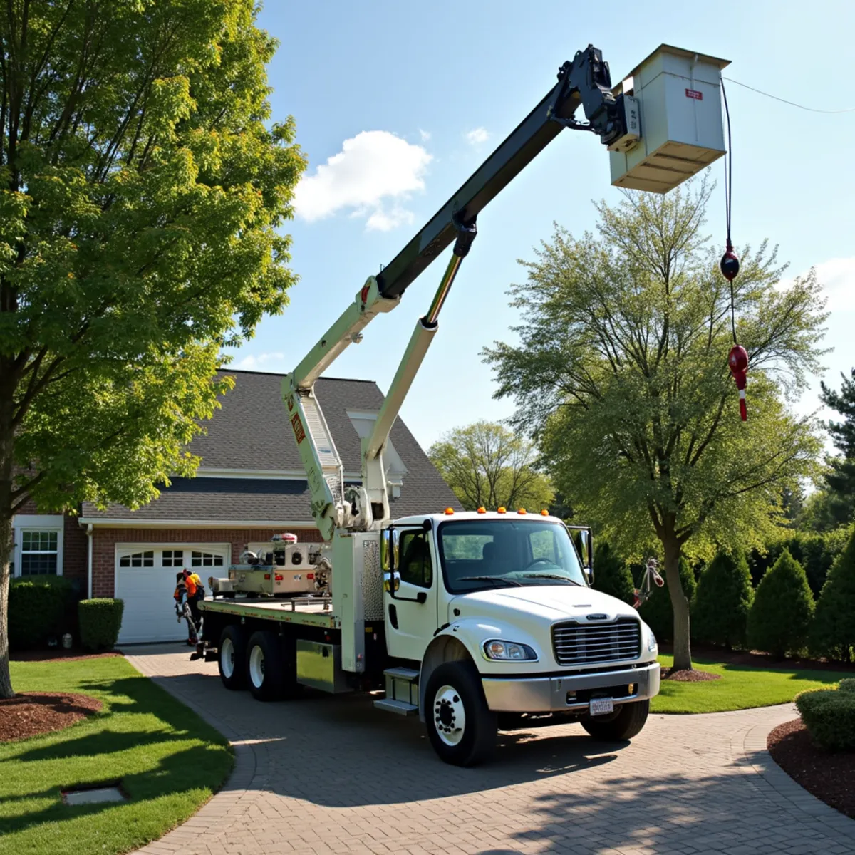 Modern mobile tree crane and bucket truck deployed on paved work area in Cabarrus County