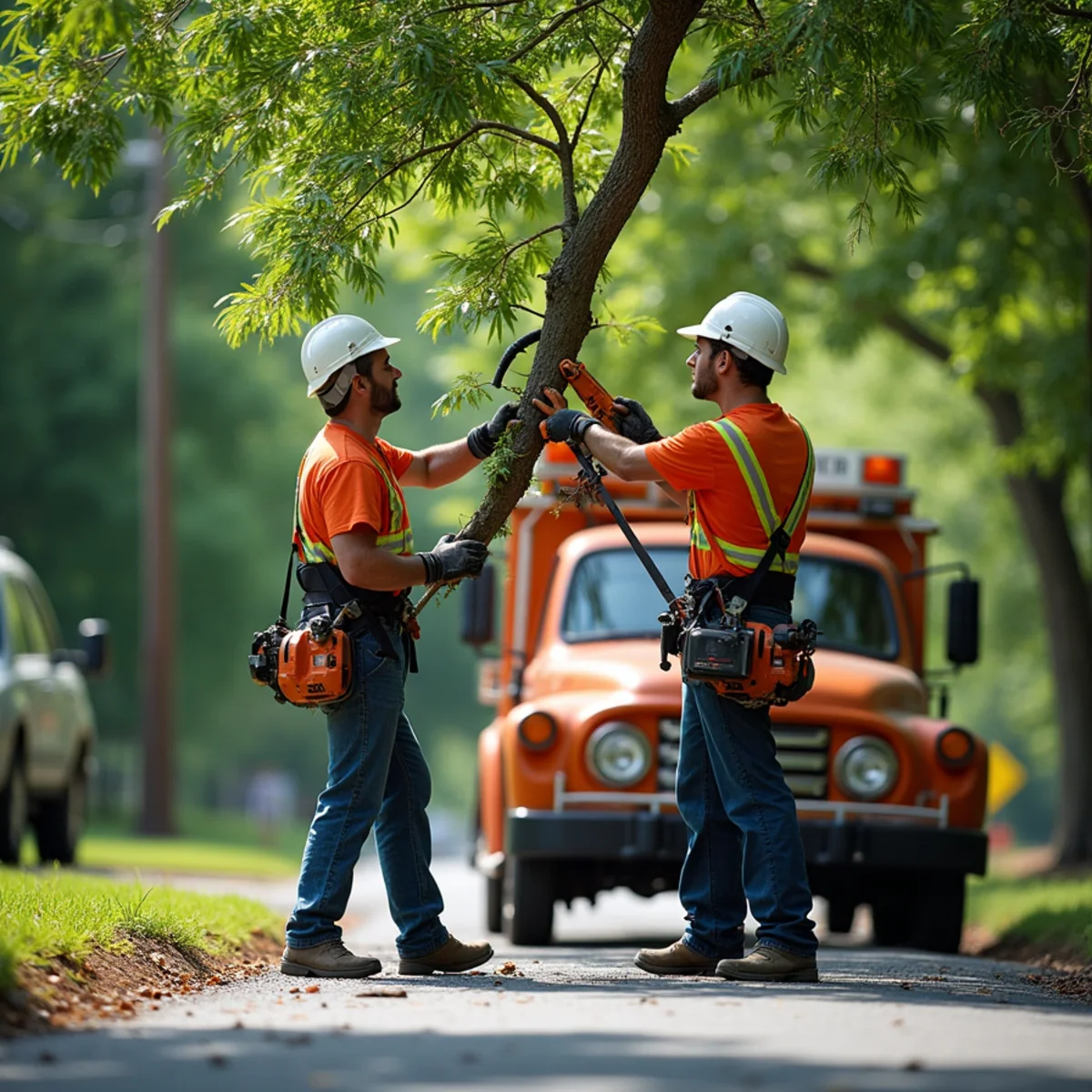 Selective summer pruning removing hazardous hanging branch over residential driveway