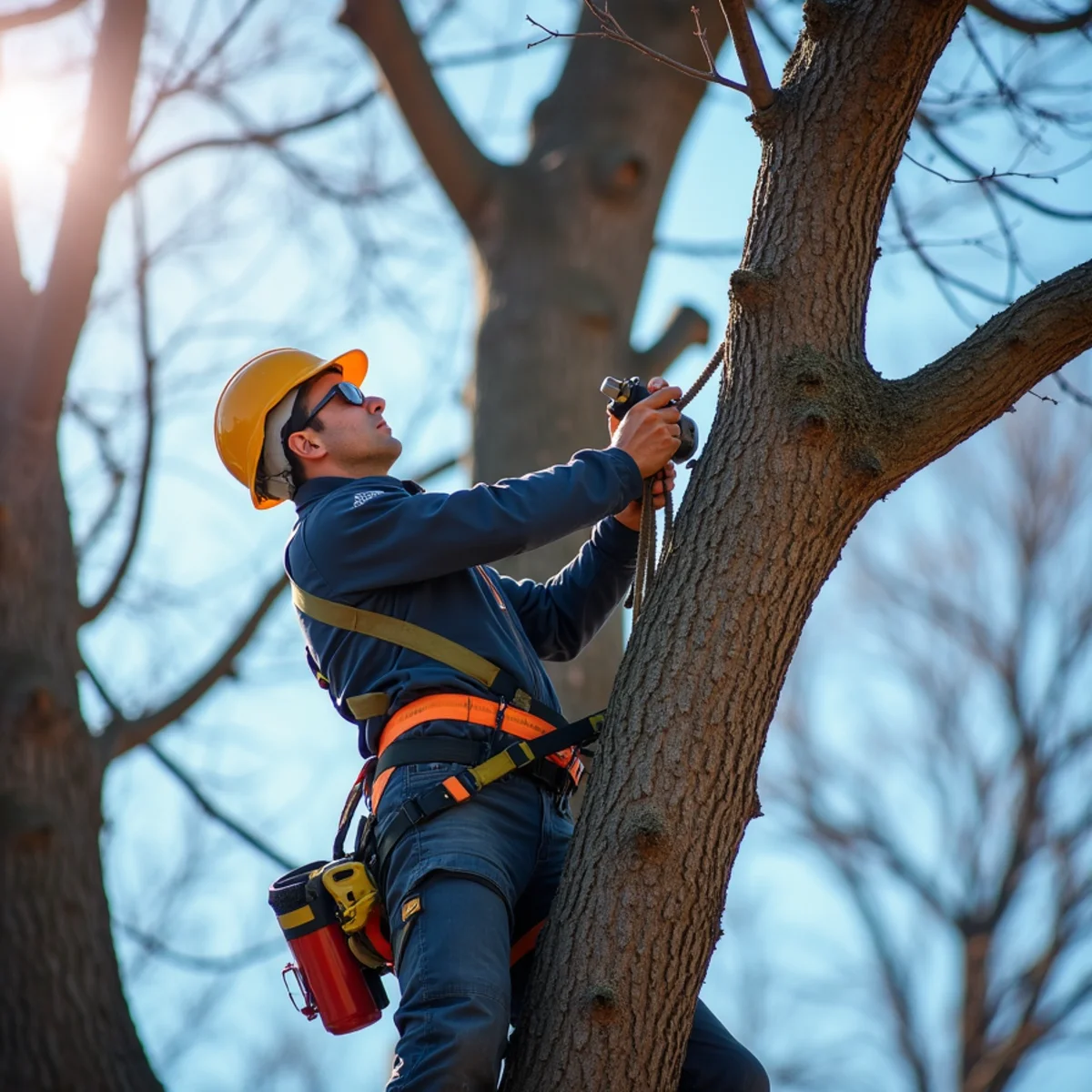 Tree professional pruning dormant hardwood canopy in clear winter sunlight in North Carolina