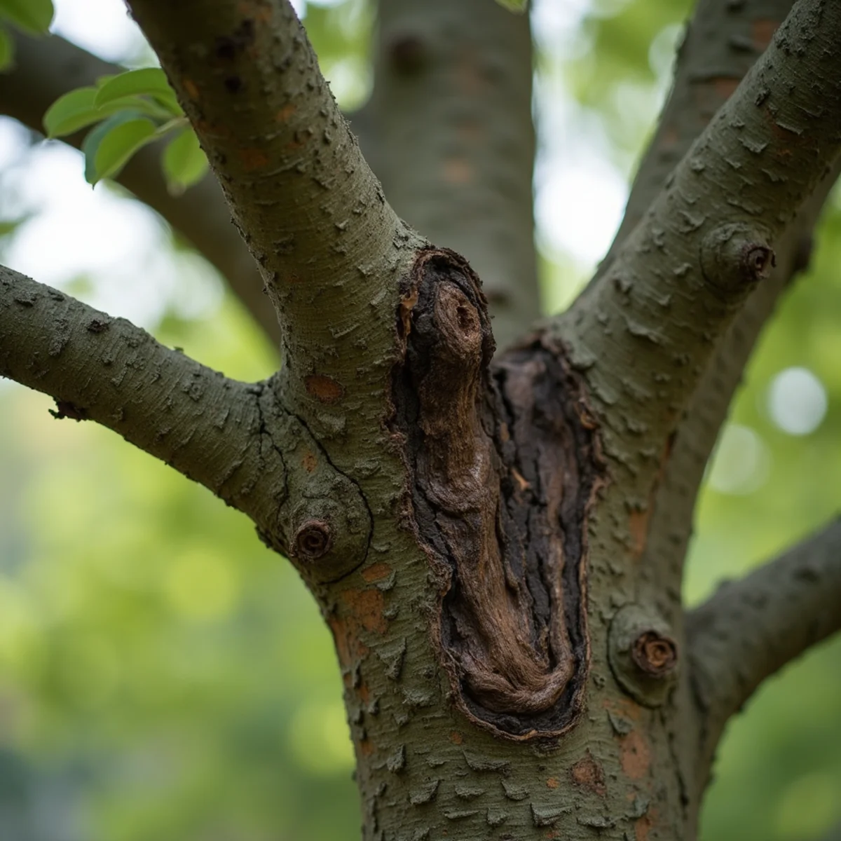Close-up of acute V-shaped branch union showing dead included bark wedged between stems