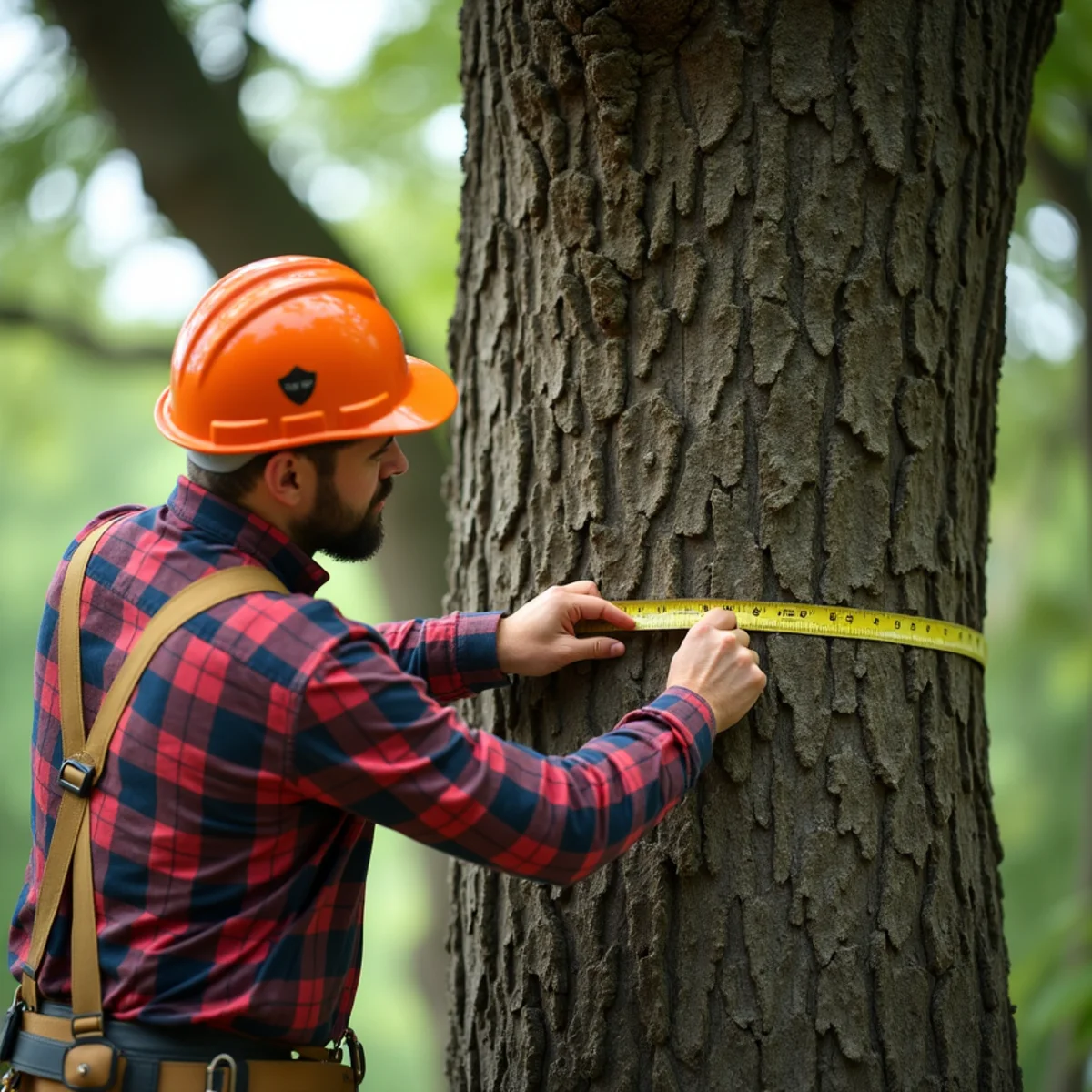 Arborist evaluating mature oak trunk diameter with measuring tape in Concord historic district
