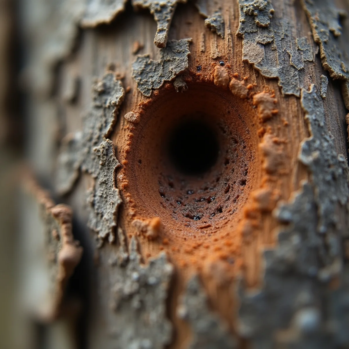 Close-up of emerald ash borer D-shaped exit hole and larval serpentine galleries under bark