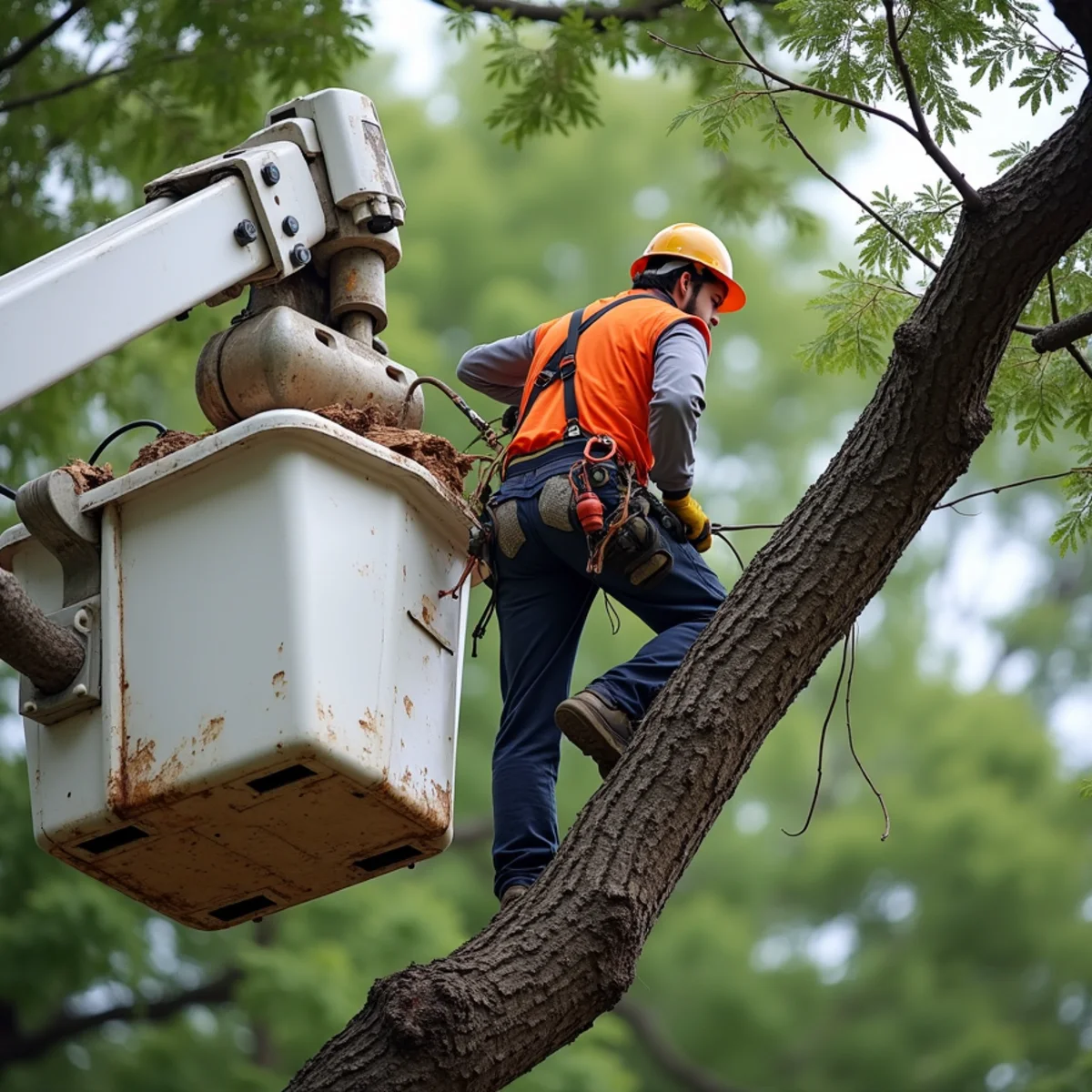 Bucket truck safely taking down brittle hazard ash tree before structural collapse