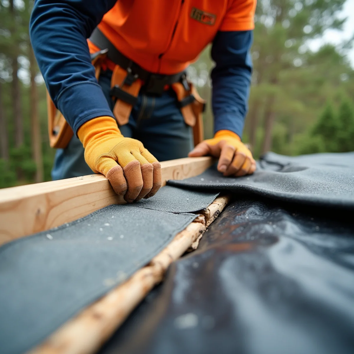 Securing heavy duty polyethylene tarp over punctured roof sheathing to prevent rain leaks