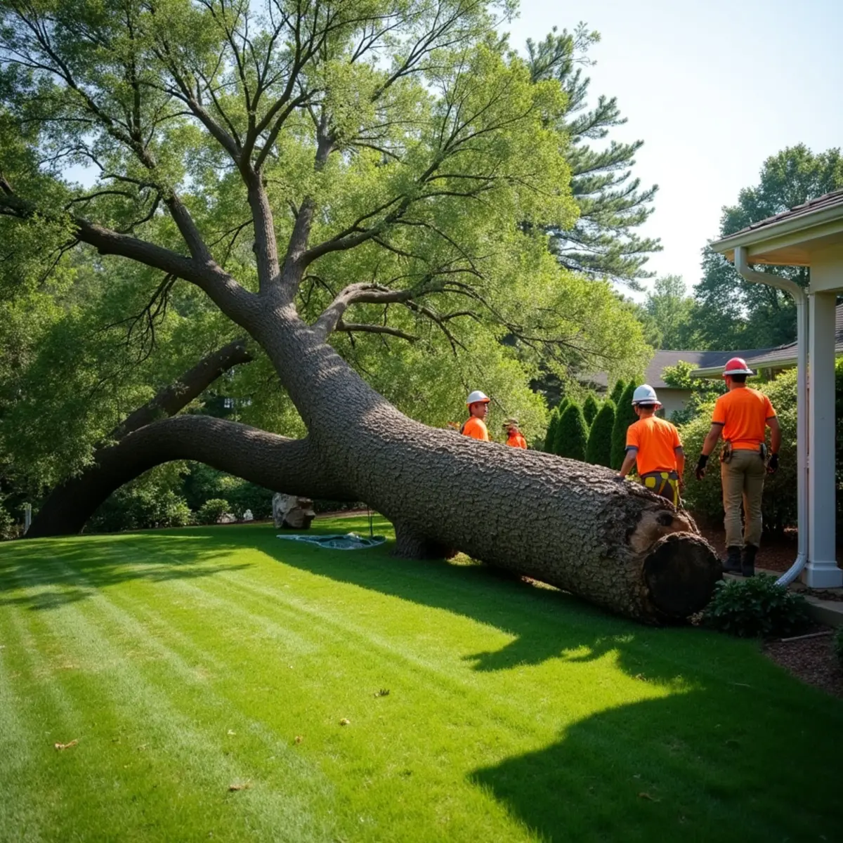 Storm-felled tree lying harmlessly in open yard turf without touching structures
