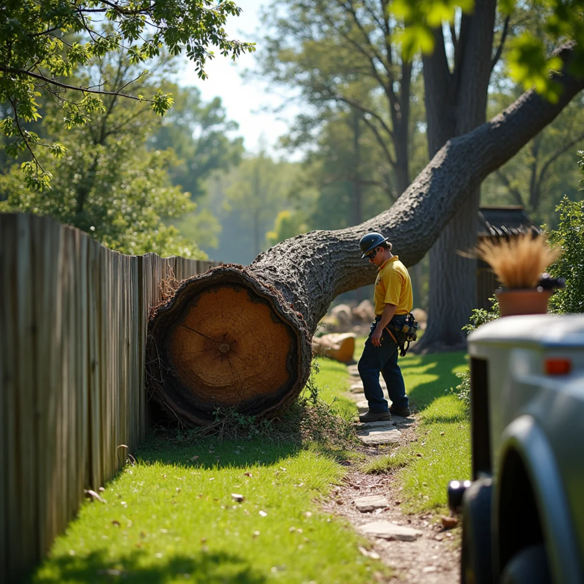 Fallen tree spanning across boundary fence between two suburban North Carolina homes