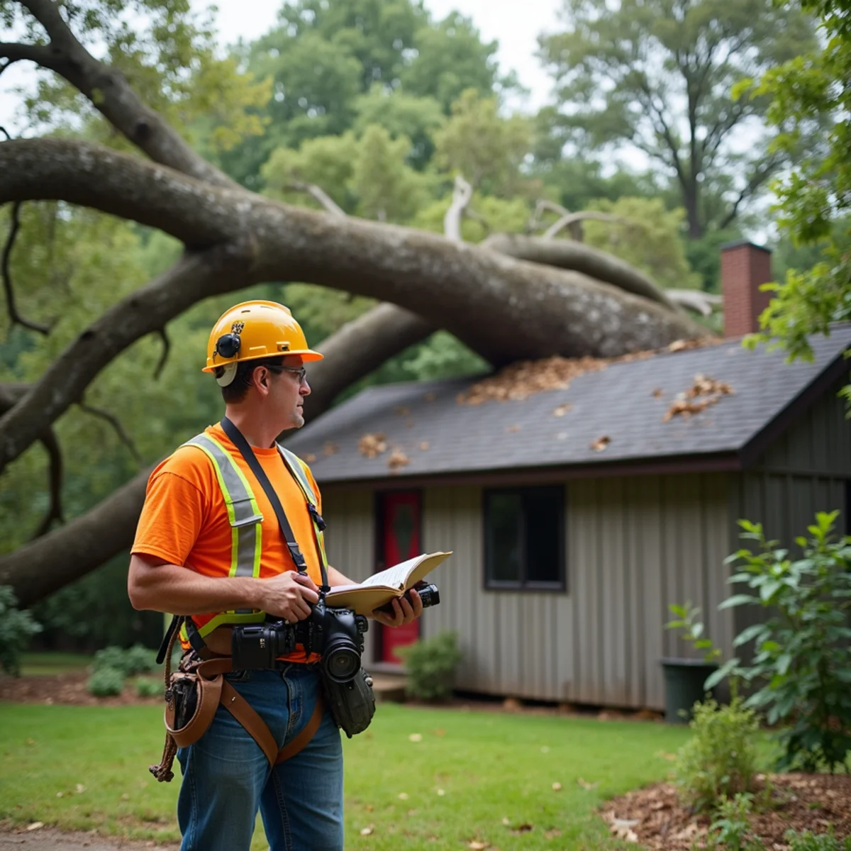 Insurance adjuster inspecting fallen oak resting on damaged detached garage roof in North Carolina