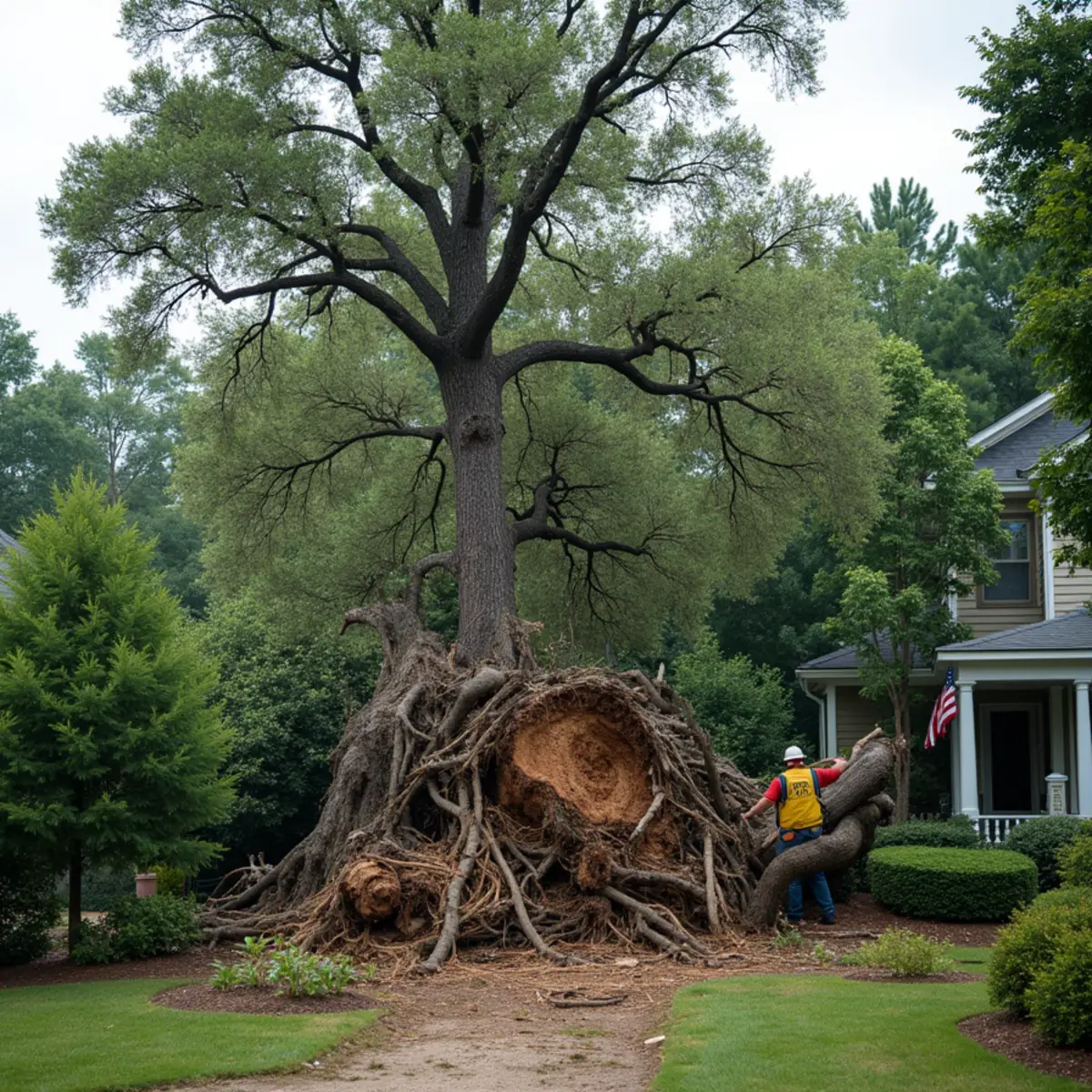 Healthy tree uprooted by severe storm wind across boundary line without property owner fault