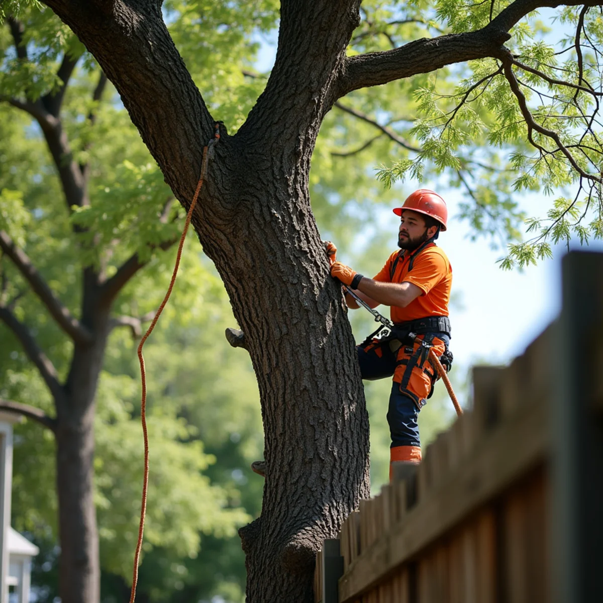 Property boundary line showing overhanging branches crossing fence that homeowner can legally prune
