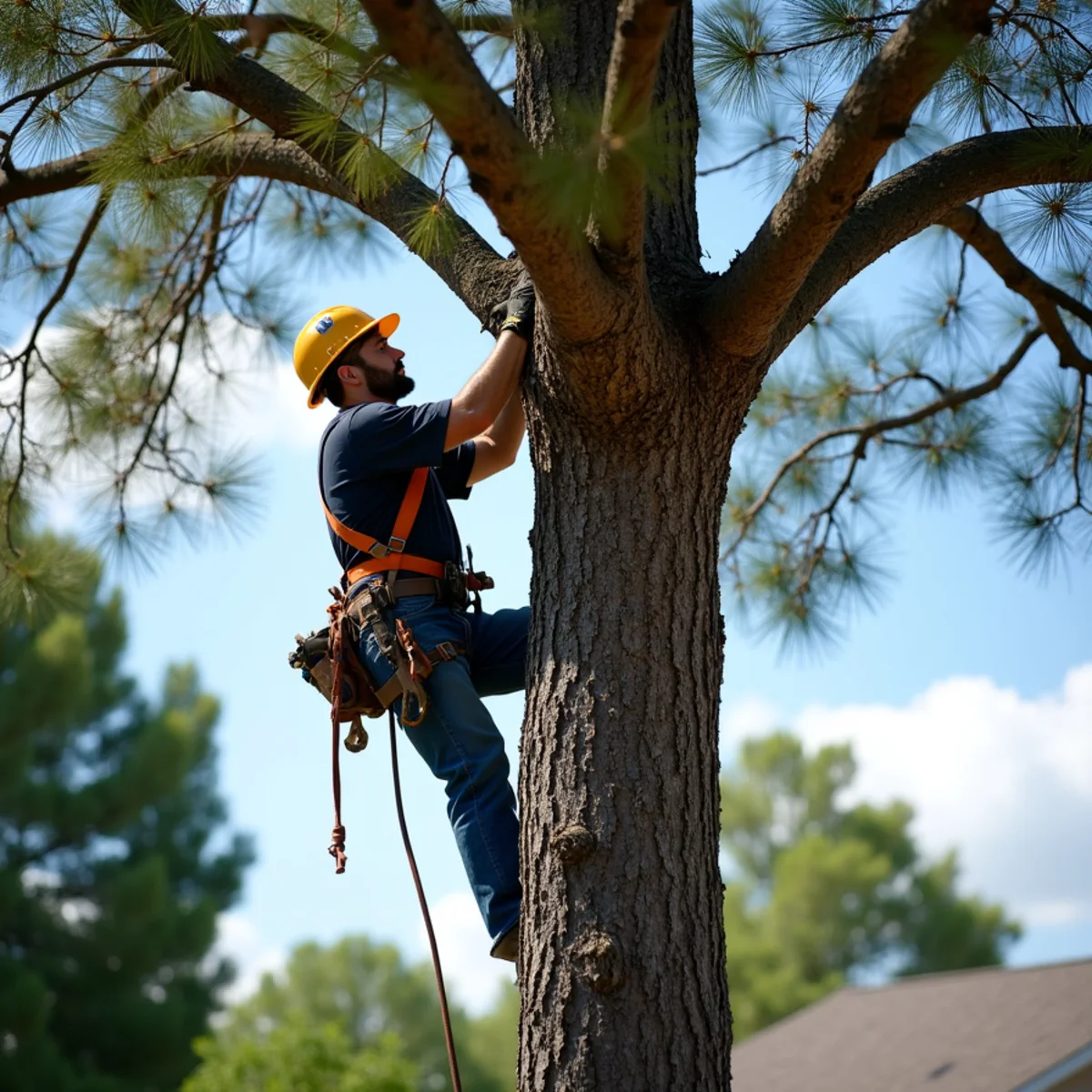 Professional crown thinning on tall pine allowing high winds to blow through without uprooting