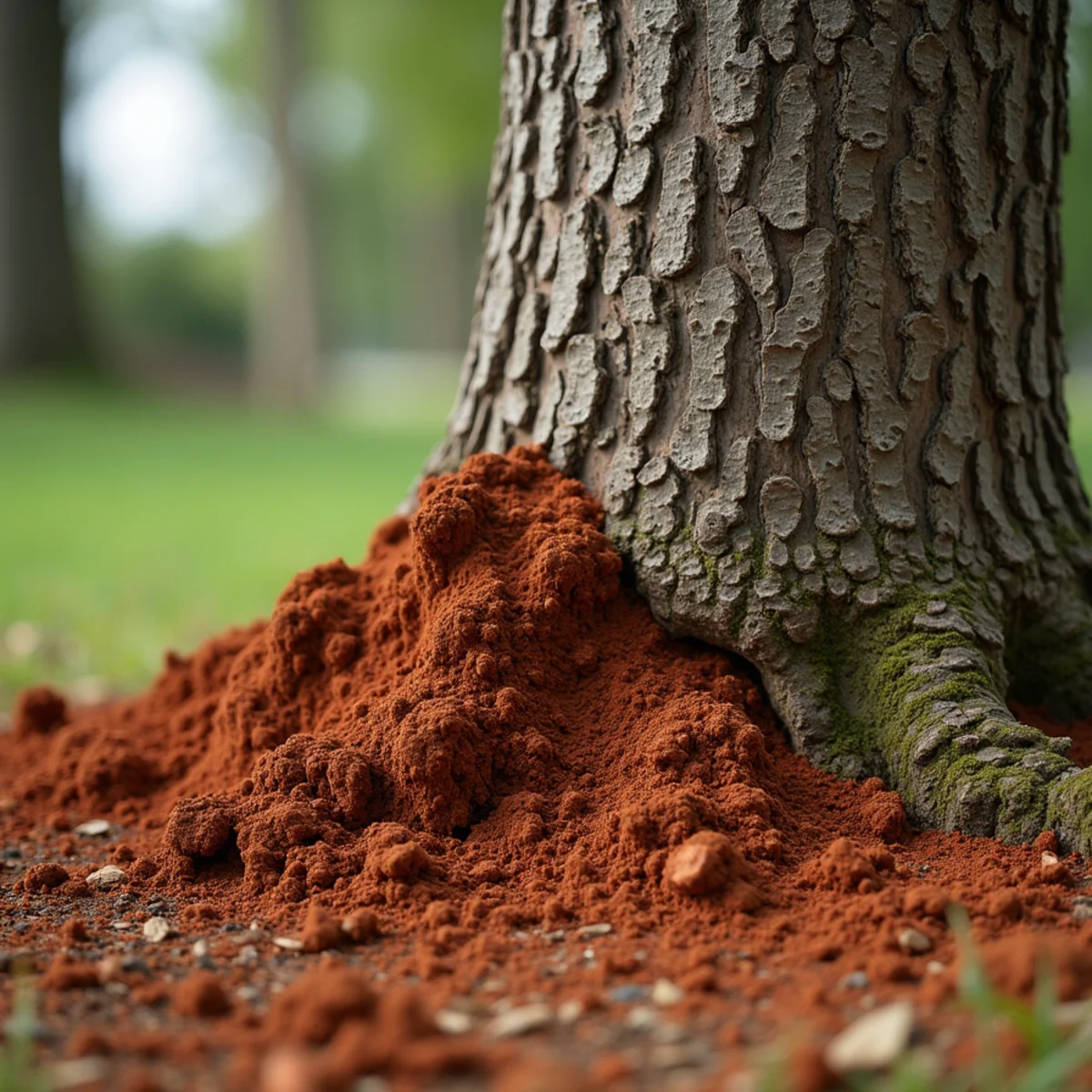 Newly leaning pine tree with cracked mounded Piedmont red clay soil on windward root plate