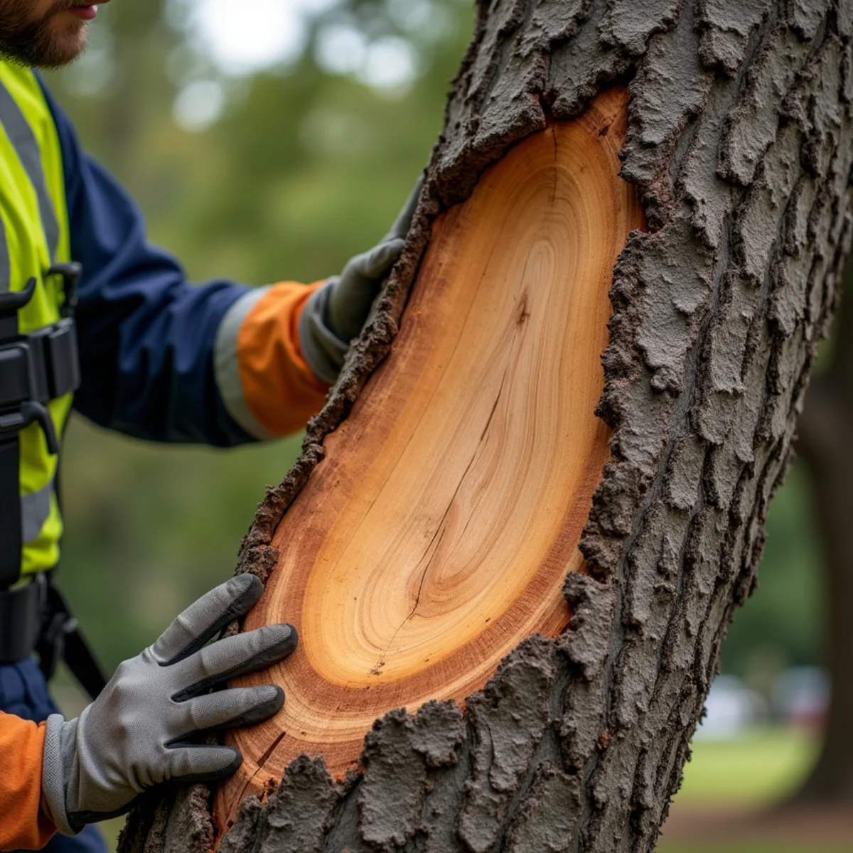 Large sheets of dead tree bark peeling off exposing smooth dried brittle sapwood underneath