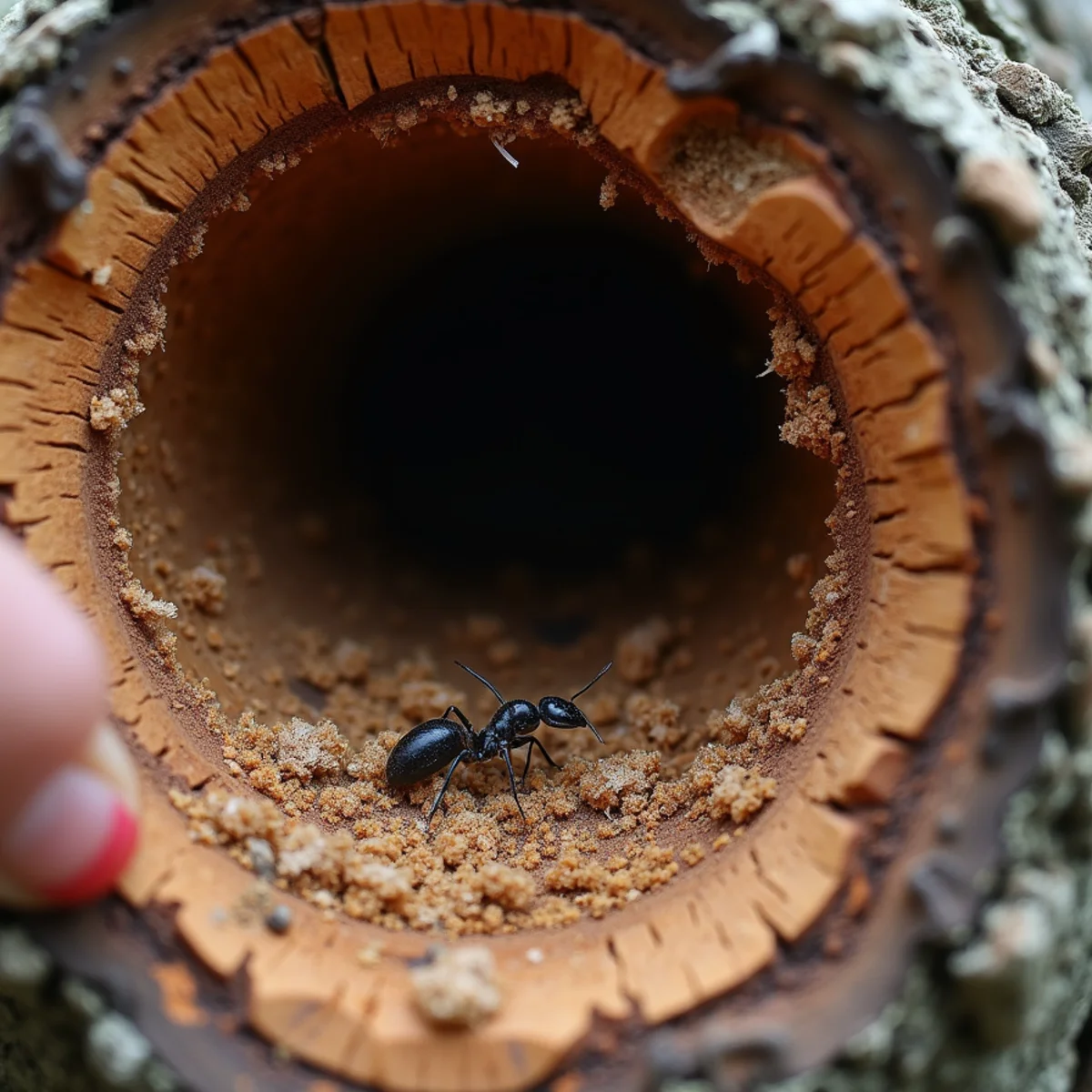 Hollow decayed trunk cavity with sawdust-like frass from carpenter ants at opening