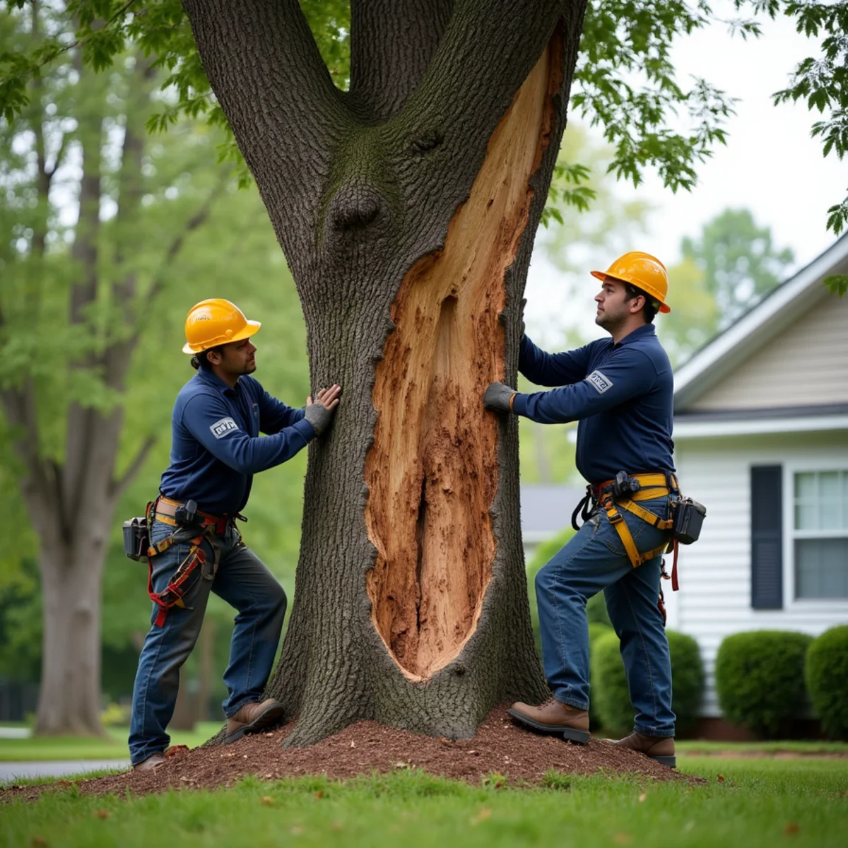 Large declining hardwood tree showing dieback and decay standing near a suburban Concord home