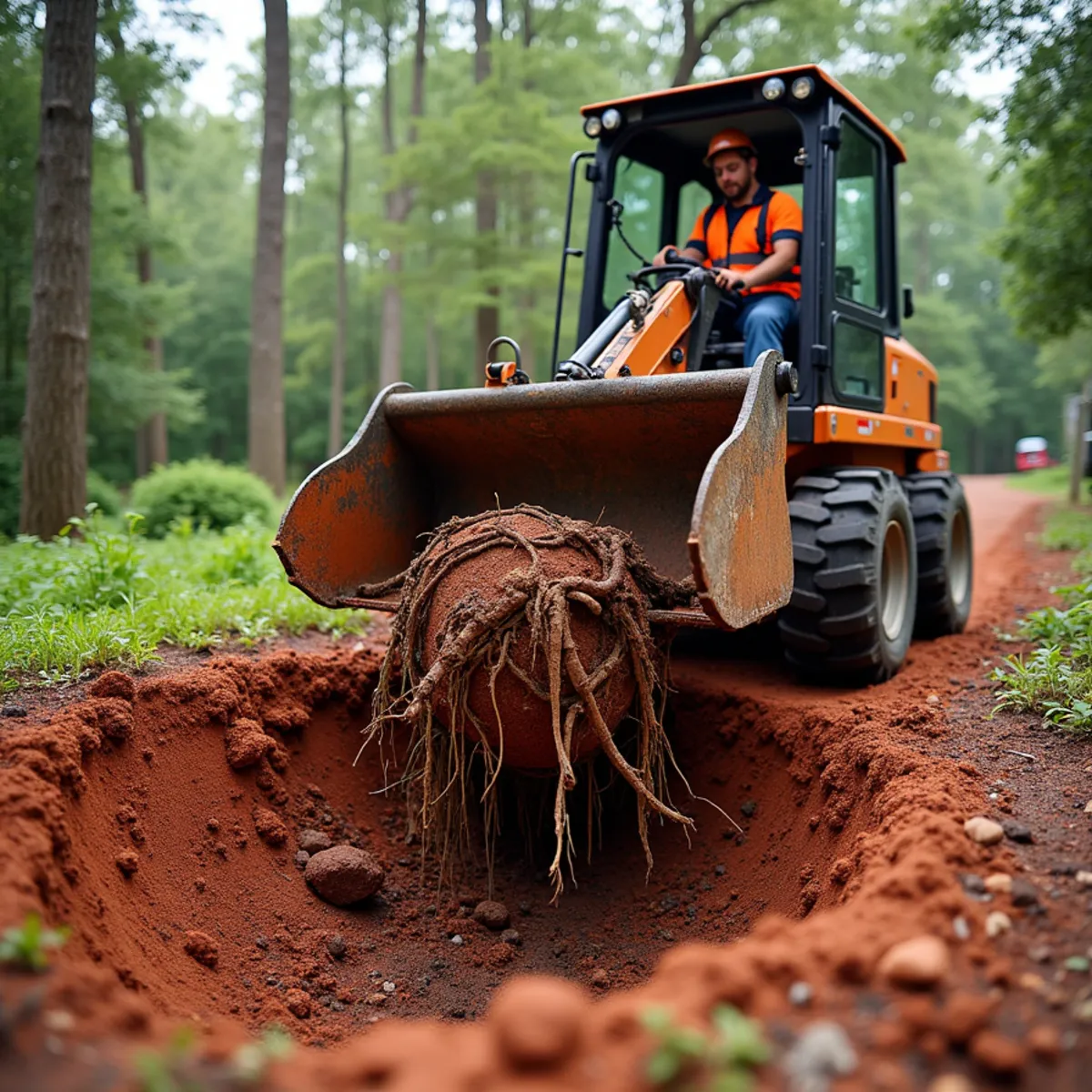 Mini-excavator bucket ripping massive woody root ball completely out of red clay soil