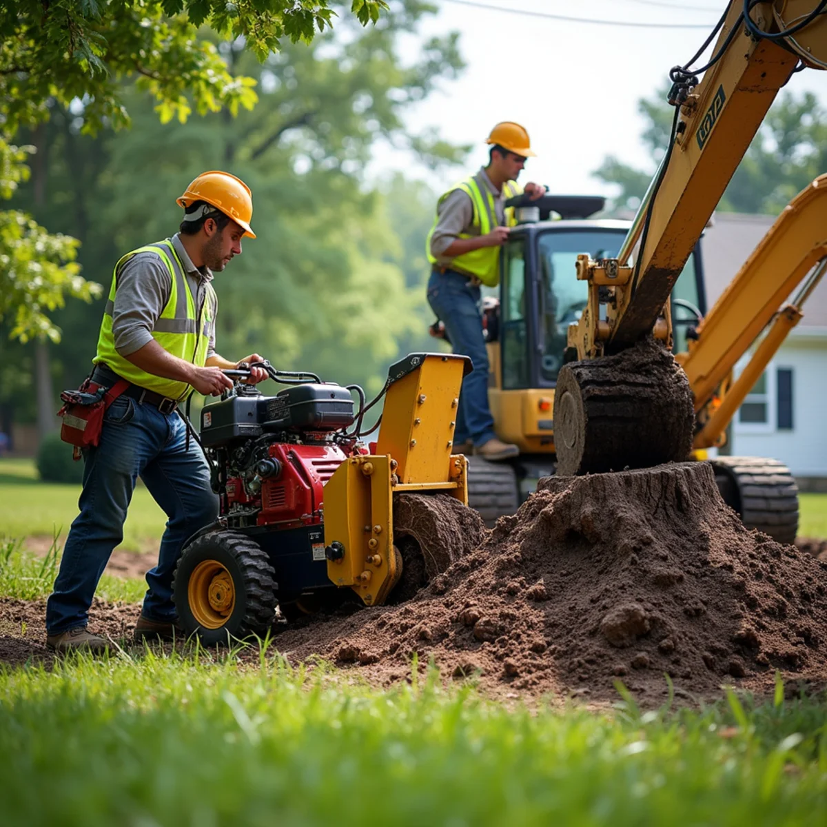 Split view comparison showing commercial stump grinding wheel beside an excavated root ball hole in yard