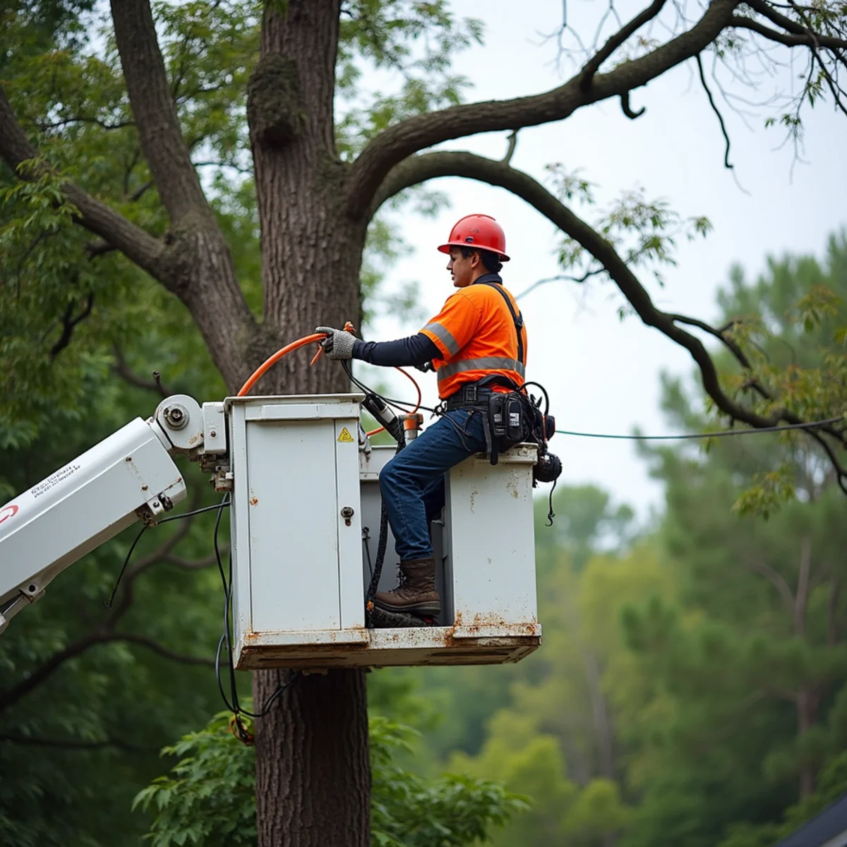 Electric utility lineman in bucket truck assessing power service drop line near damaged roof