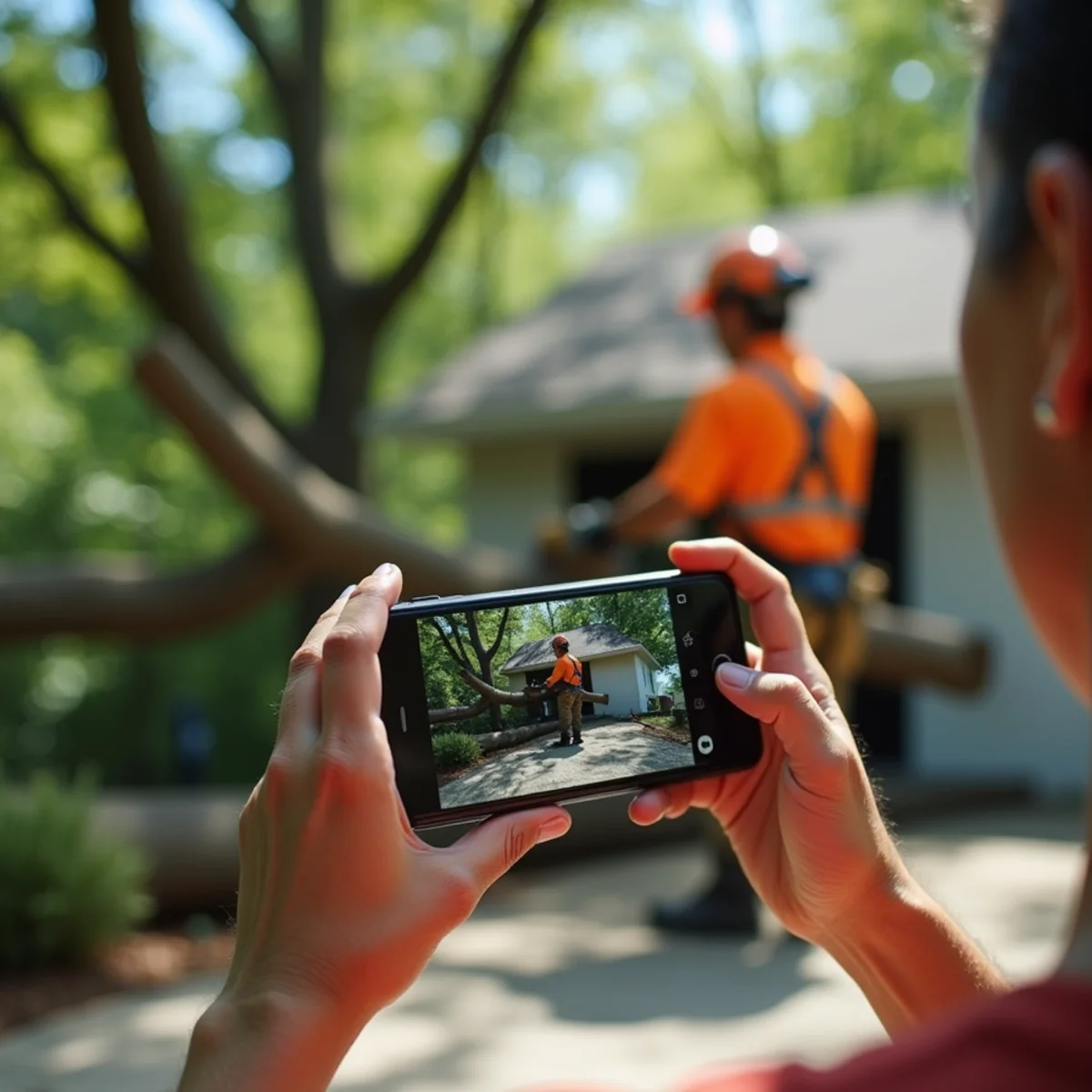 Homeowner standing safely on ground photographing fallen tree on roof from driveway