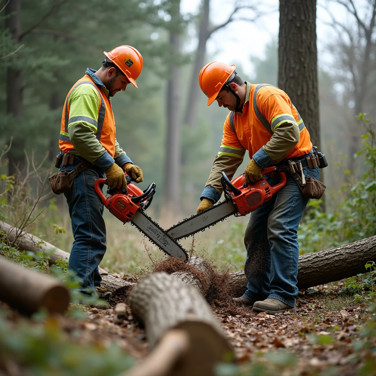 Private tree crew cutting up limb wood safely after electric utility confirms line is de-energized