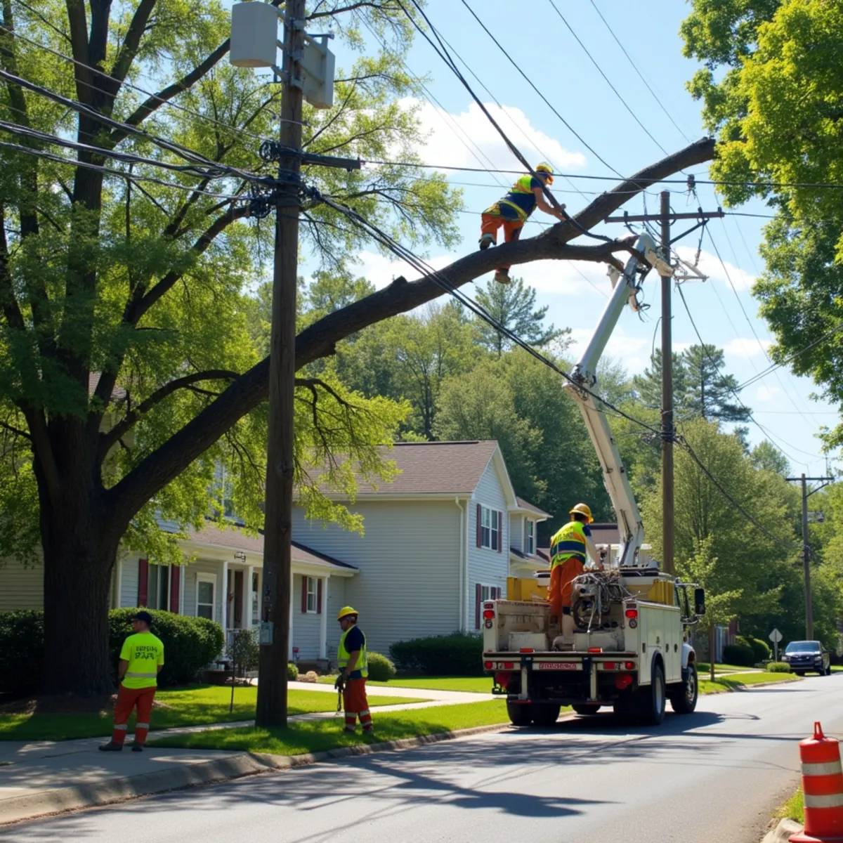 Large storm-snapped tree limb resting directly across overhead residential power service wires in Concord NC