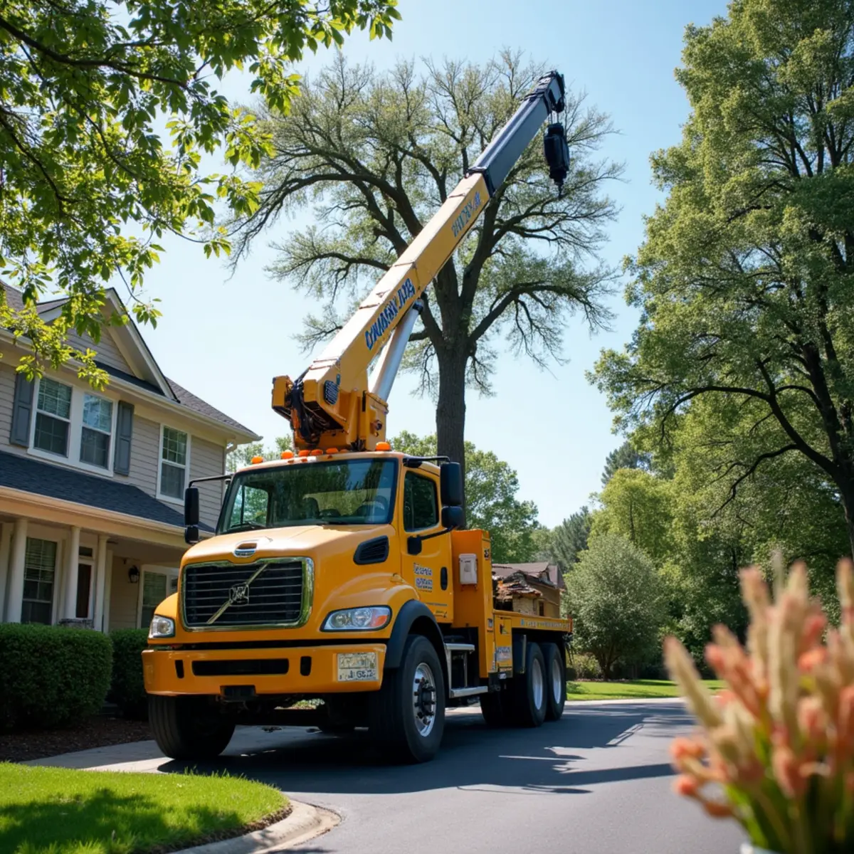 Commercial crane setup in driveway lifting timber over roofline to avoid lawn damage