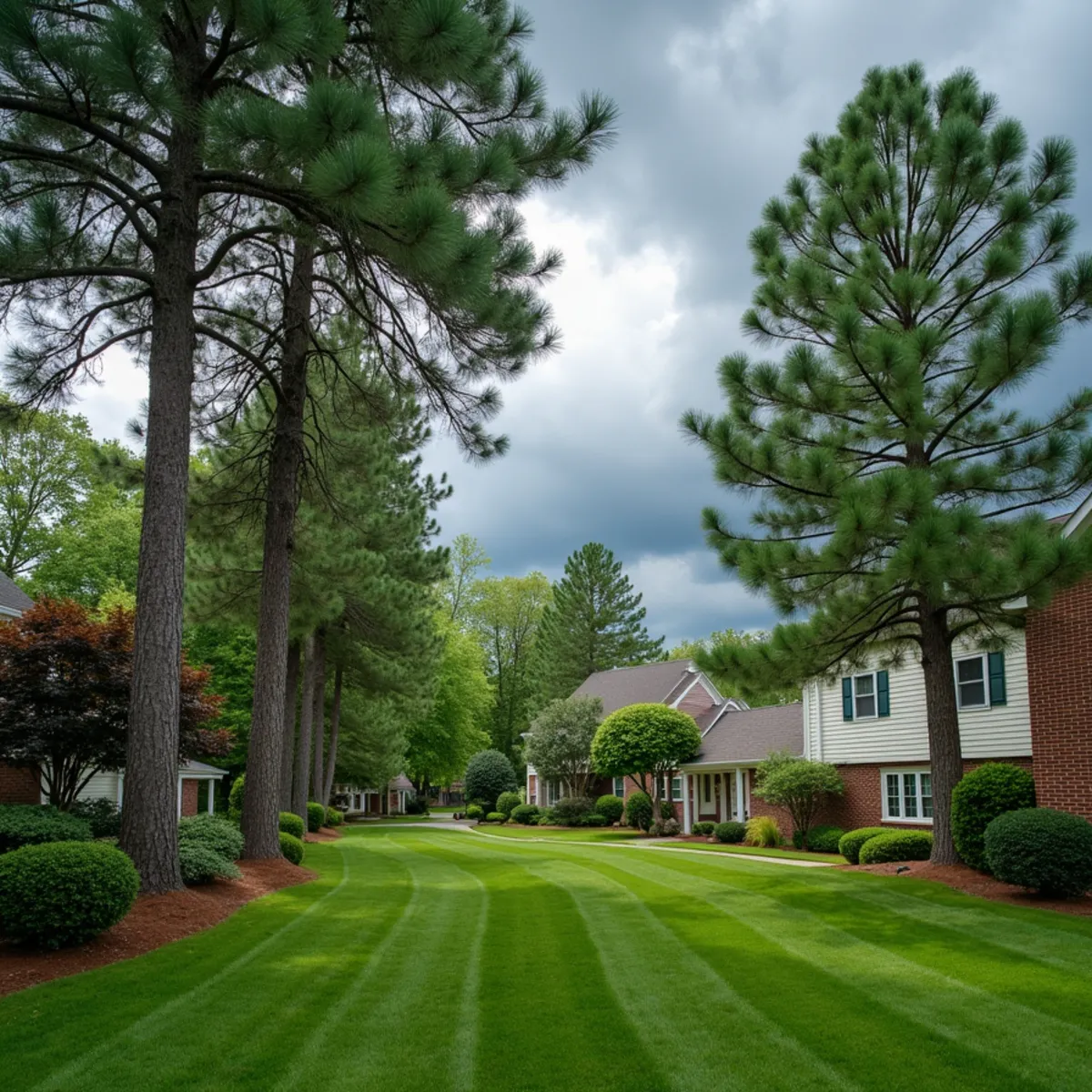 Well-trimmed residential oak and maple trees prepared for Carolina thunderstorm season