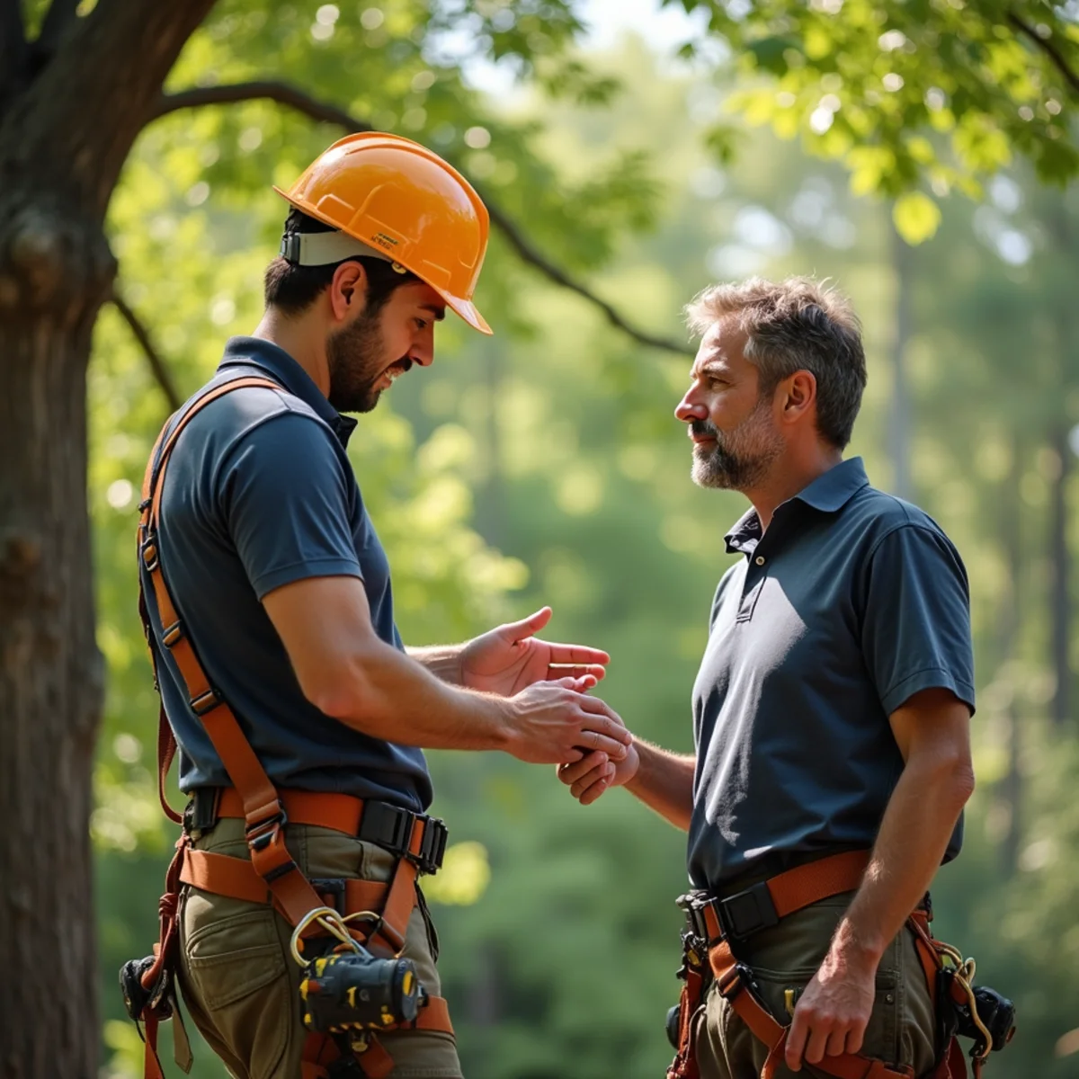 Certified arborist consulting with homeowner about tree health in North Carolina yard