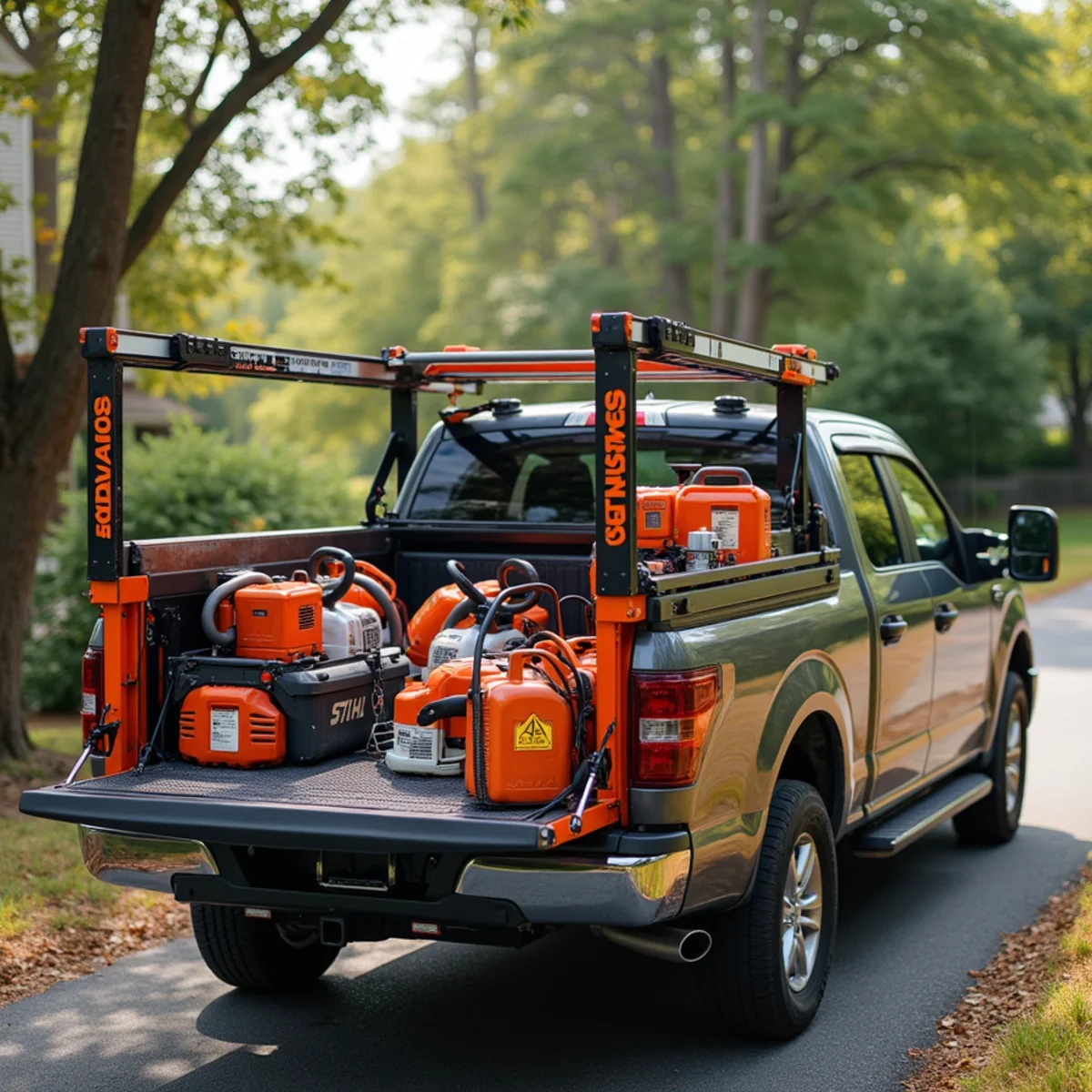 Cabarrus Tree Crew emergency dispatch vehicle stocked with commercial chainsaws and rigging equipment