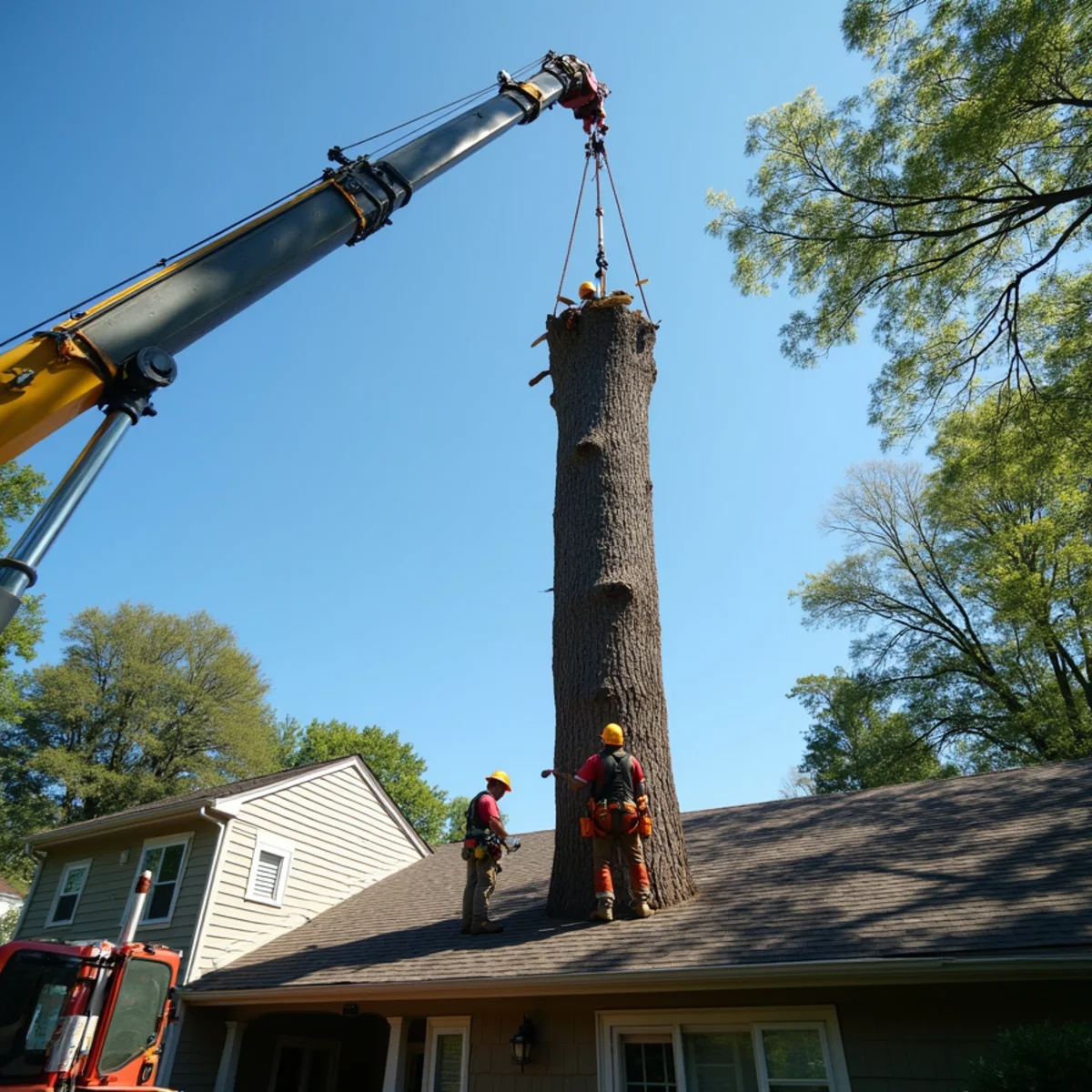 40-ton crane hoisting severed hardwood tree section safely away from Concord NC home