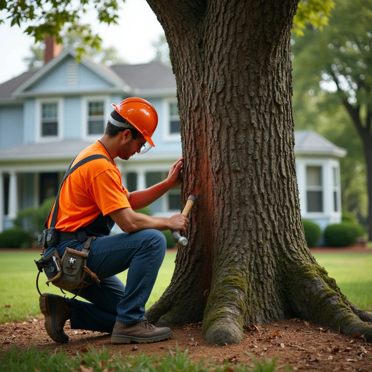 Professional arborist evaluating mature oak canopy health in Concord NC historic district