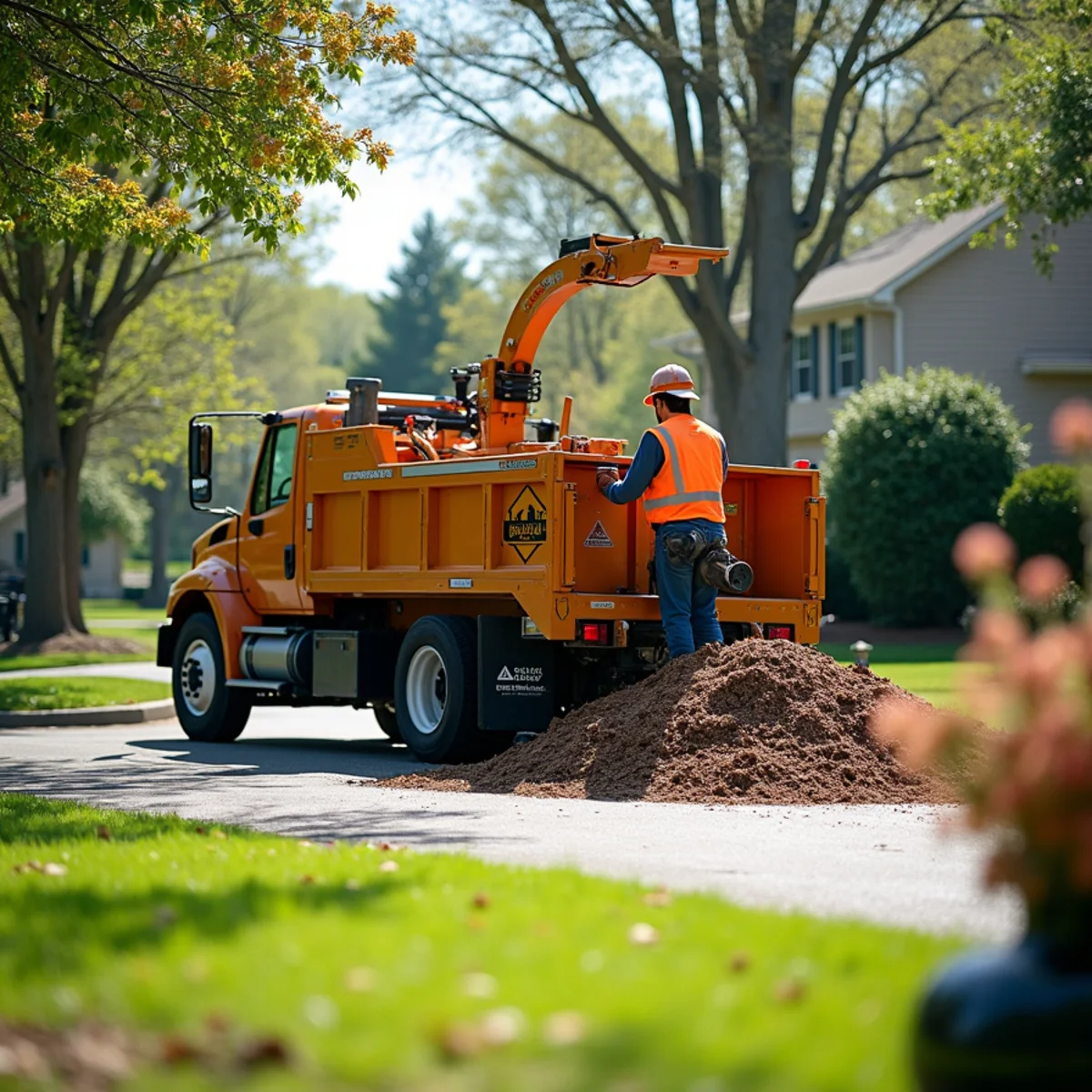 Commercial brush chipper and spotless lawn raking cleanup after tree removal in Concord NC