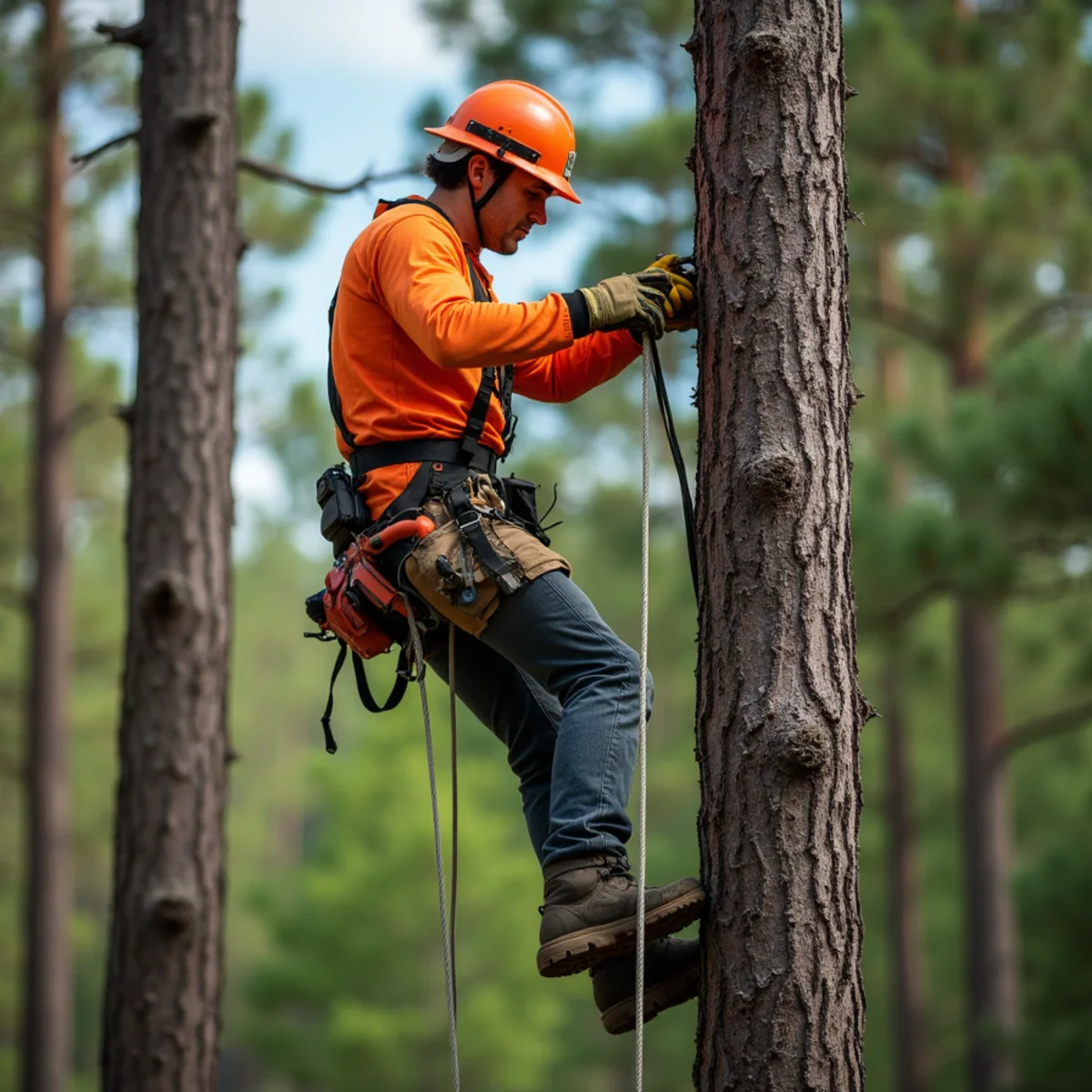 Trimming tall loblolly pines along the wooded buffer zone behind a Harrisburg subdivision