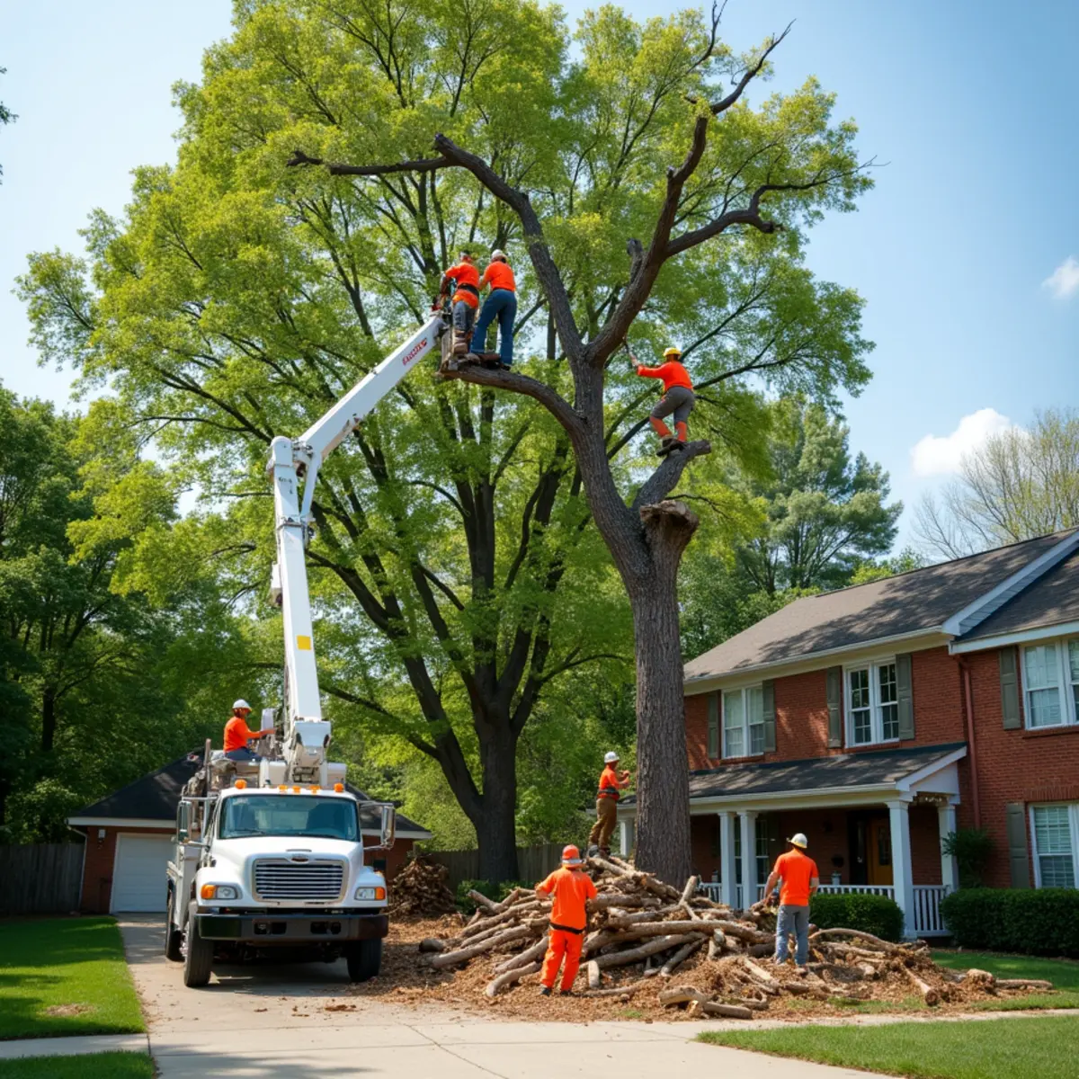 Split Bradford pear tree removal in Harrisburg NC subdivision backyard