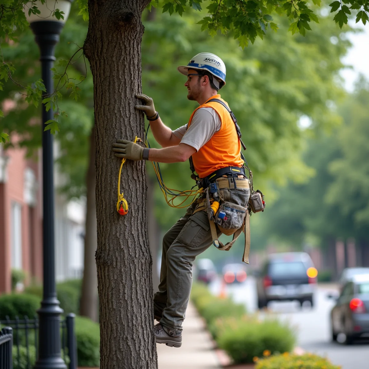 Tree service bucket truck operating near Atrium Health Ballpark area in Kannapolis
