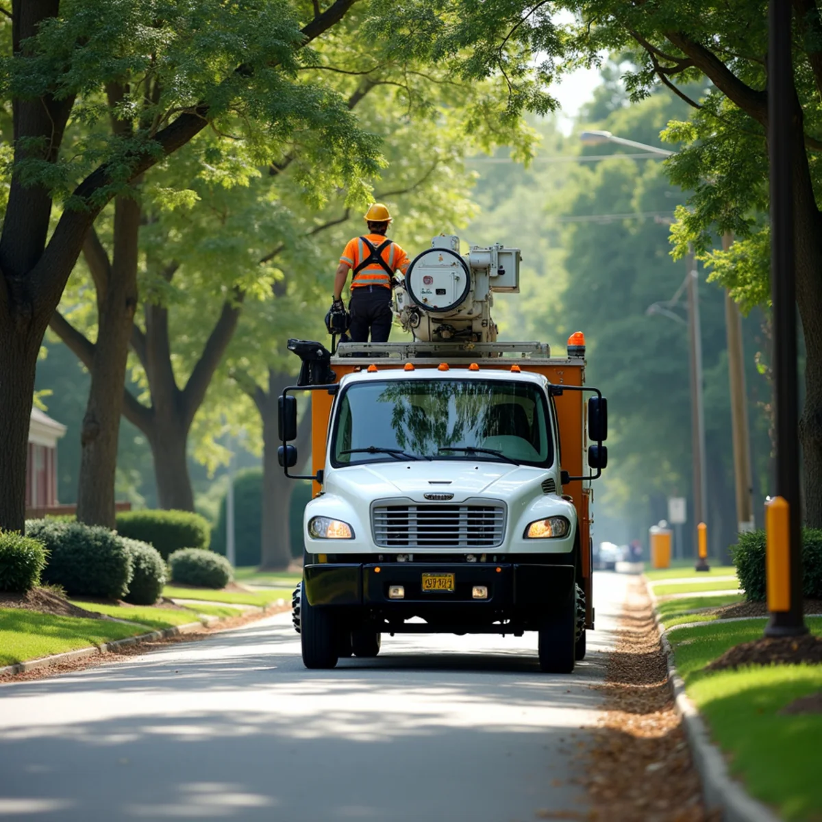 Cabarrus Tree Crew aerial bucket truck performing residential pruning on peaceful neighborhood street