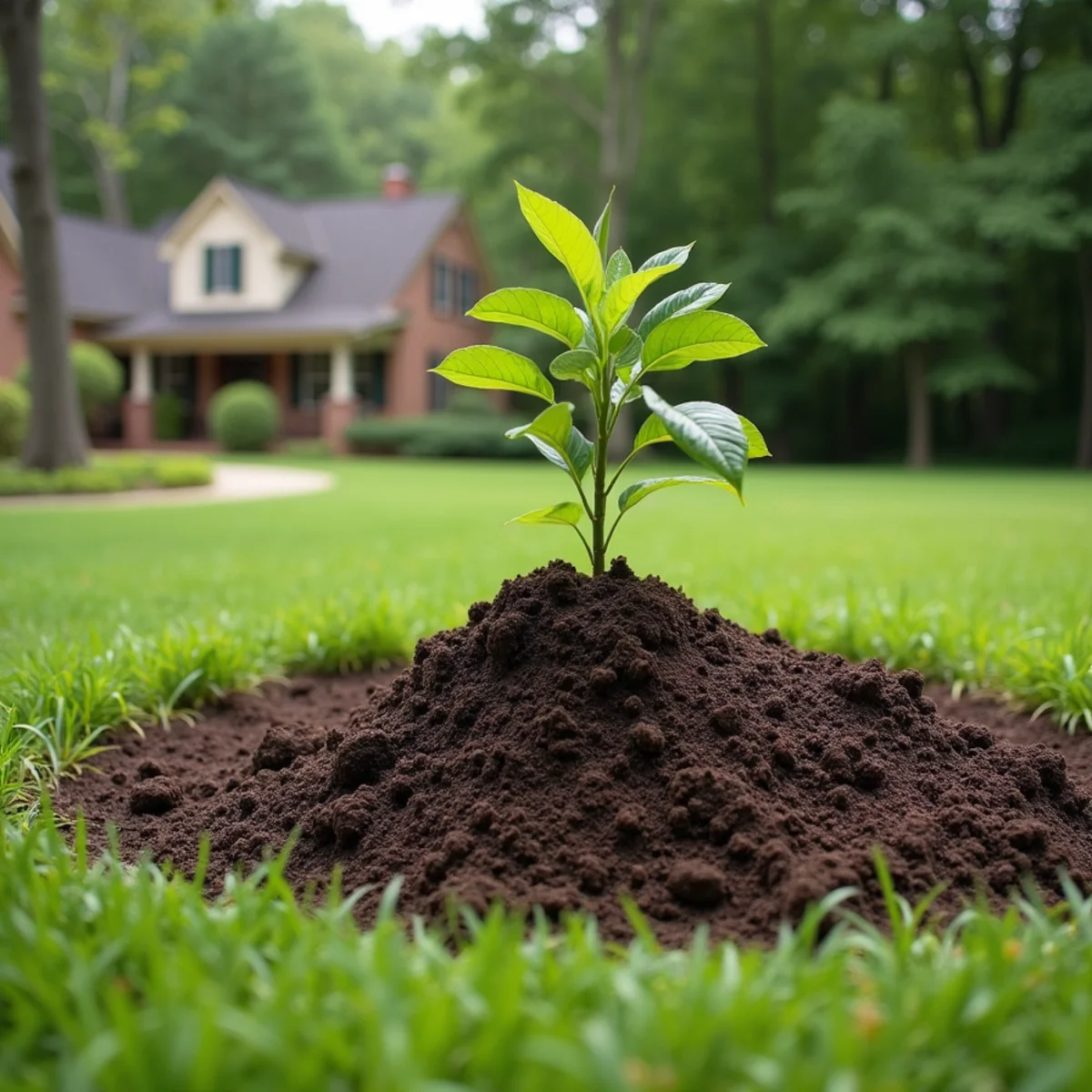 Restored lawn area after below-grade stump grinding and soil grading