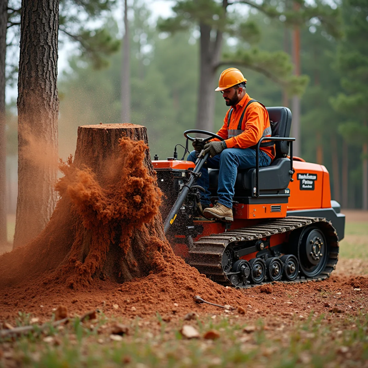 Commercial stump grinder grinding oak stump below lawn grade in Concord NC