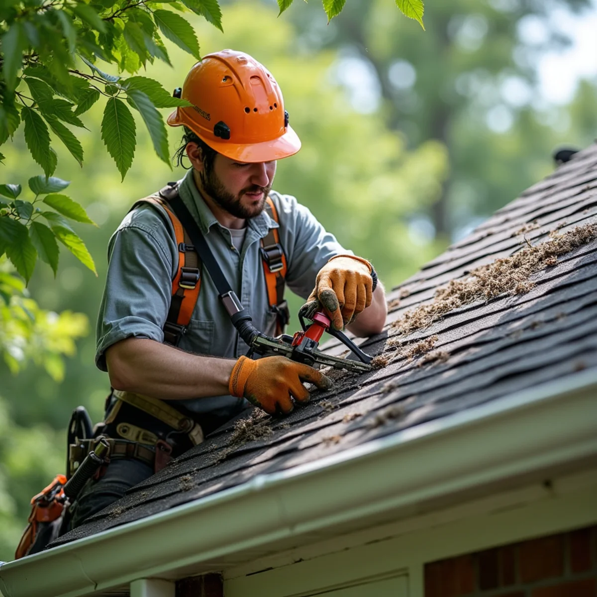 Roof clearance pruning preventing branch damage on residential home in Cabarrus County